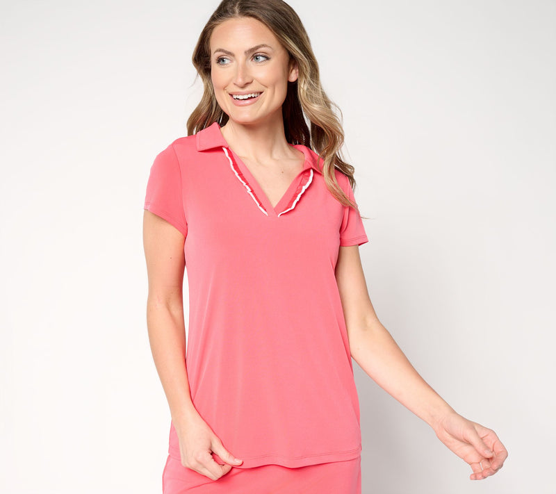 Susan Graver Liquid Knit V-Neck Top with Ruffle — Main view