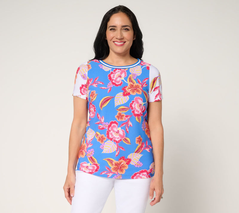 Susan Graver Printed Liquid Knit Short Sleeve Top — Main view