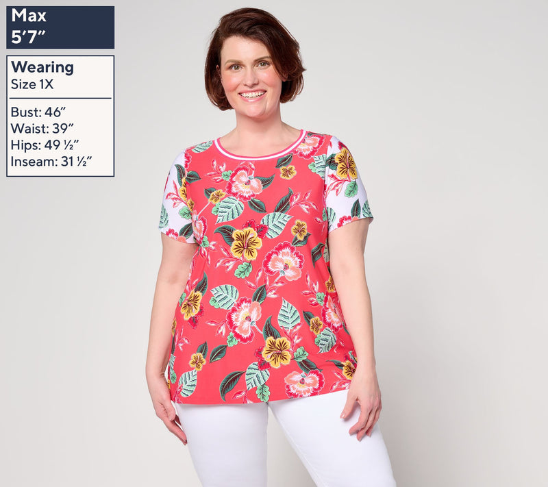 Susan Graver Printed Liquid Knit Short Sleeve Top — View 2