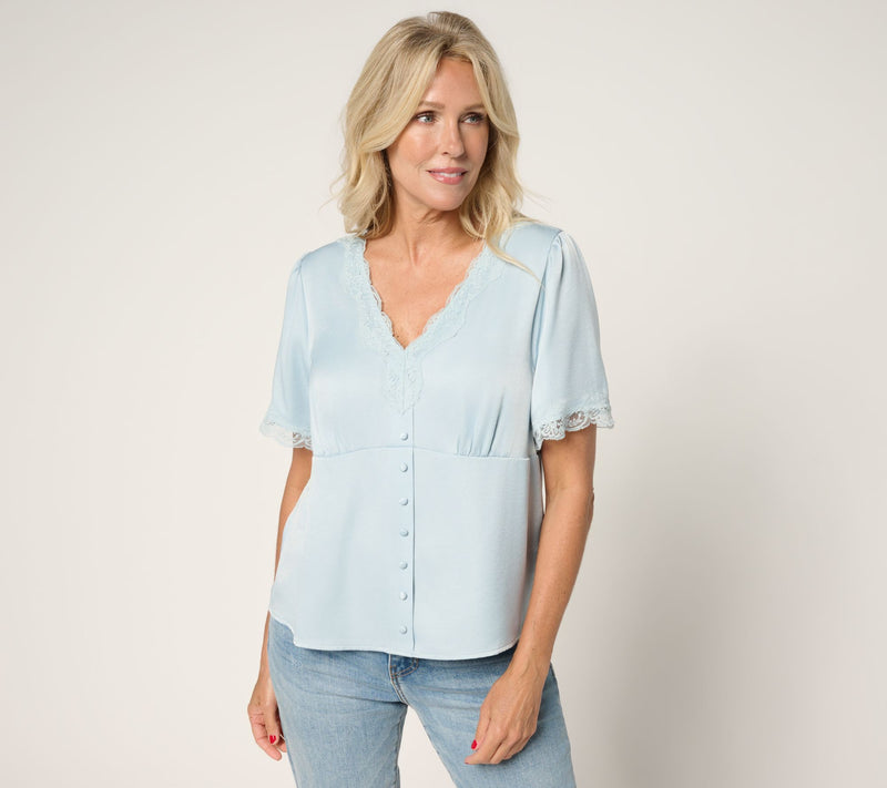 Me by Jennie Garth Short Sleeve Starlet Satin Blouse — View 5