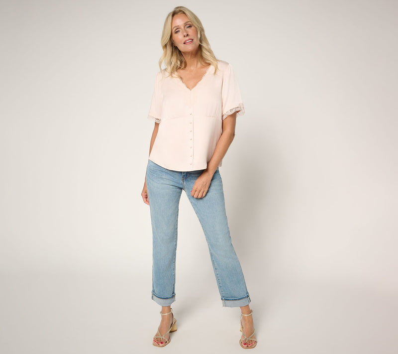 Me by Jennie Garth Short Sleeve Starlet Satin Blouse — View 13