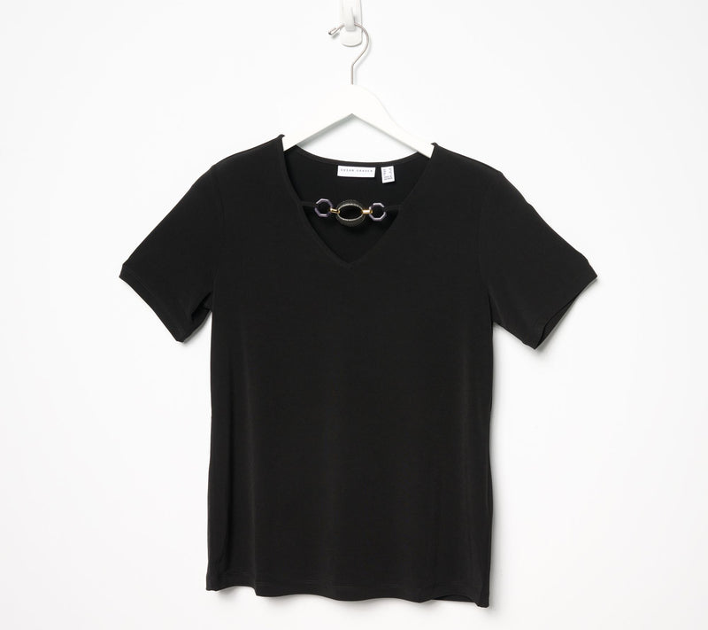 Susan Graver Liquid Knit Short Sleeve V-Neck Top with Neckline Detail — View 5