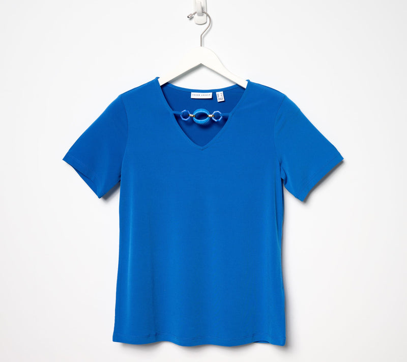 Susan Graver Liquid Knit Short Sleeve V-Neck Top with Neckline Detail — View 9