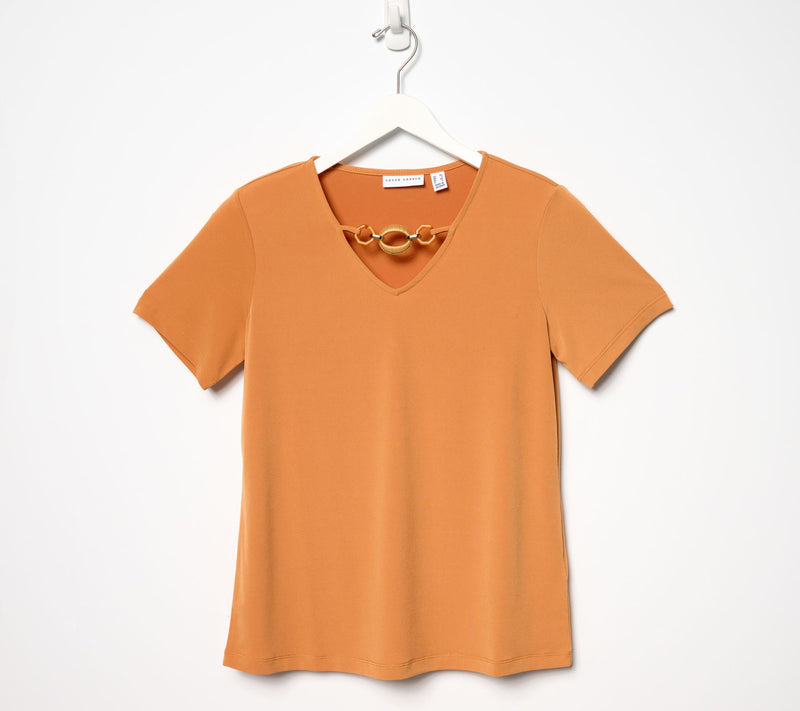 Susan Graver Liquid Knit Short Sleeve V-Neck Top with Neckline Detail — View 7