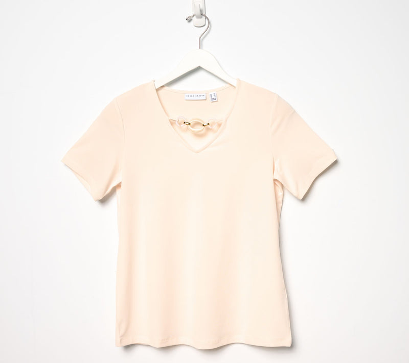 Susan Graver Liquid Knit Short Sleeve V-Neck Top with Neckline Detail — View 3