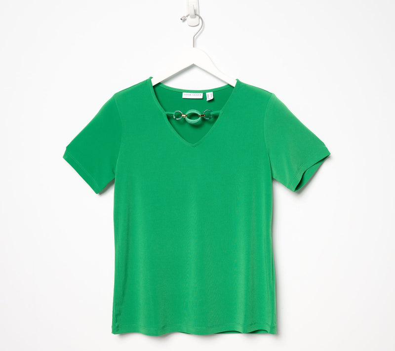 Susan Graver Liquid Knit Short Sleeve V-Neck Top with Neckline Detail — View 11
