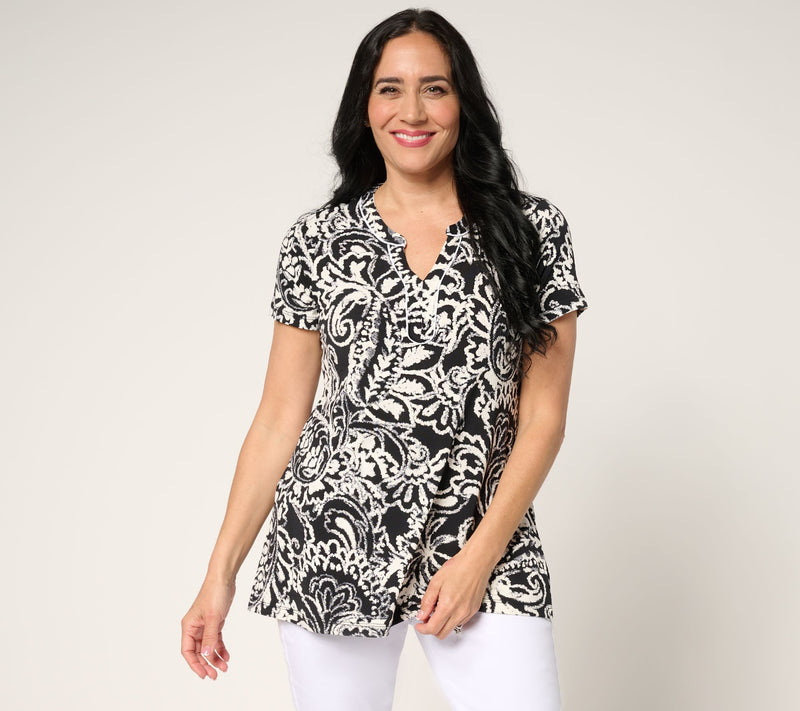 Susan Graver Regular Printed Liquid Knit Split-Neck A-Line Tunic — View 11