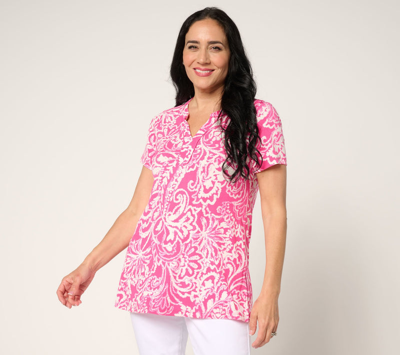 Susan Graver Regular Printed Liquid Knit Split-Neck A-Line Tunic — View 12