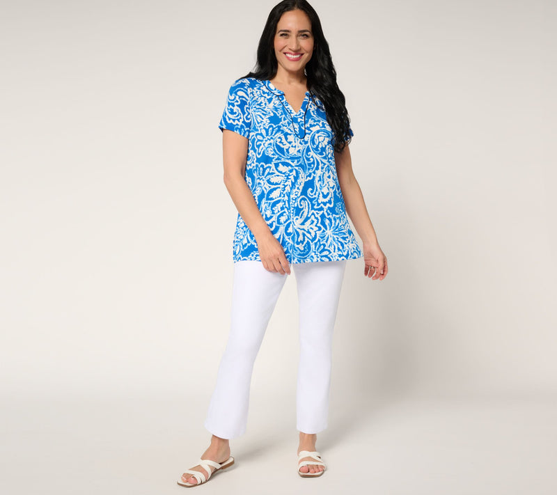 Susan Graver Regular Printed Liquid Knit Split-Neck A-Line Tunic — View 9