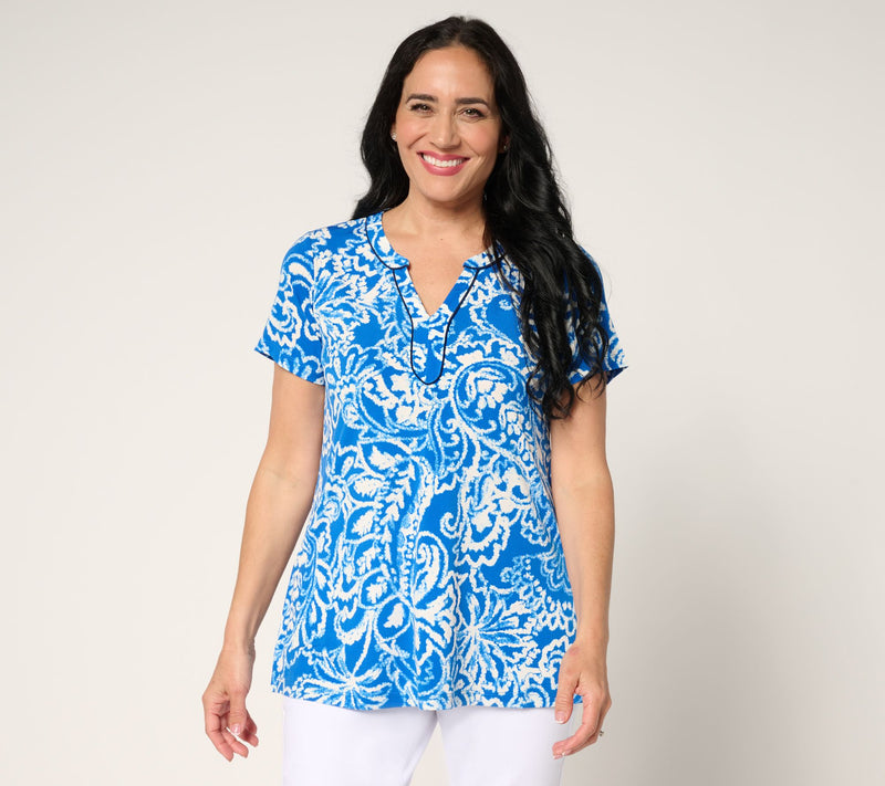 Susan Graver Regular Printed Liquid Knit Split-Neck A-Line Tunic — View 14