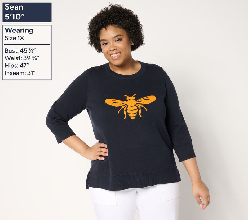 Joan Rivers Queen Bee 100% Cotton Crewneck 3/4 Sleeves Sweater — View 2