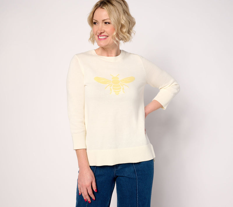 Joan Rivers Queen Bee 100% Cotton Crewneck 3/4 Sleeves Sweater — View 10