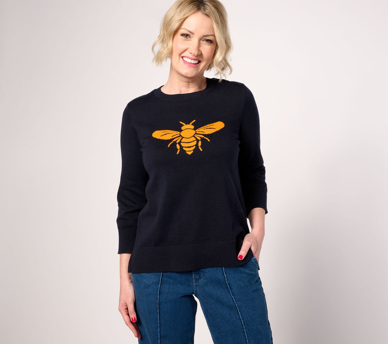 Joan Rivers Queen Bee 100% Cotton Crewneck 3/4 Sleeves Sweater — View 11