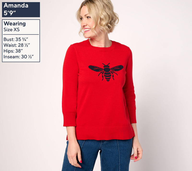 Joan Rivers Queen Bee 100% Cotton Crewneck 3/4 Sleeves Sweater — View 3