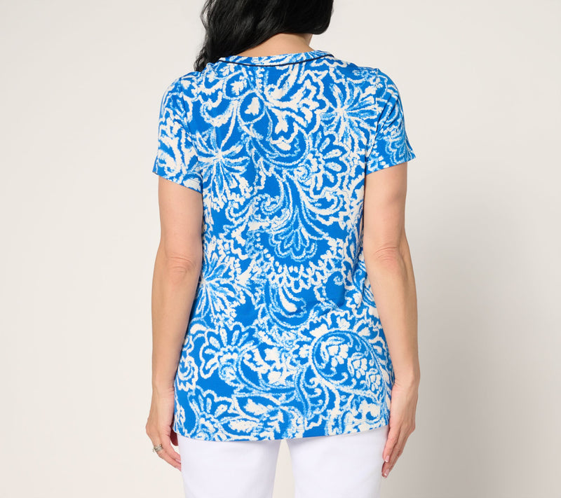 Susan Graver Petite Printed Liquid Knit Split-Neck A-Line Tunic — View 8