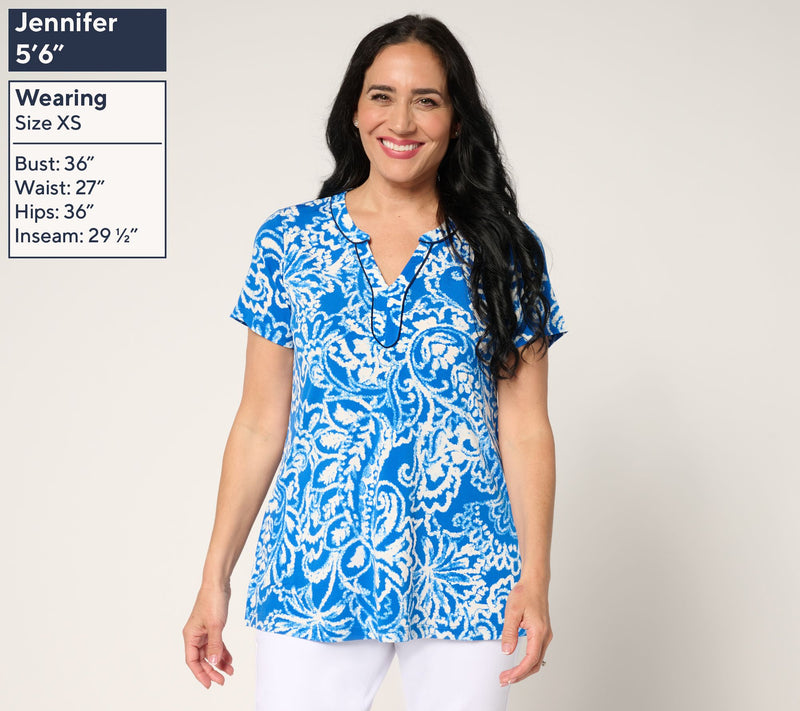 Susan Graver Petite Printed Liquid Knit Split-Neck A-Line Tunic — View 7
