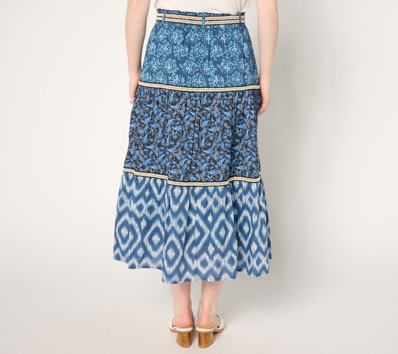 Susan Graver PURE Regular Printed Cotton Tiered Skirt with Belt — View 4