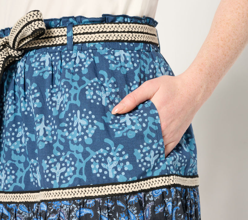 Susan Graver PURE Regular Printed Cotton Tiered Skirt with Belt — View 6