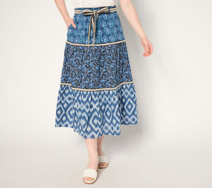 Susan Graver PURE Petite Printed Cotton Tiered Skirt with Belt
