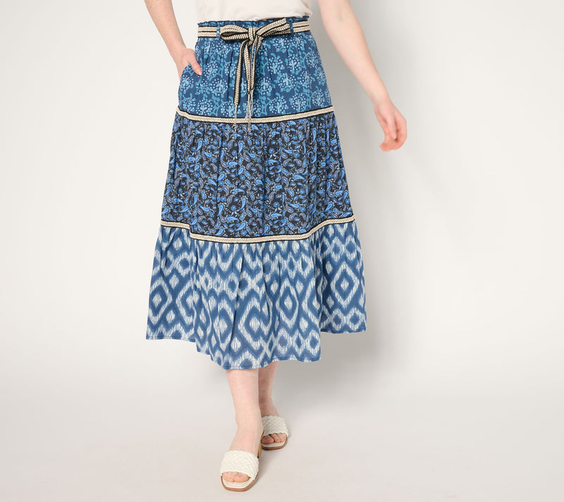 Susan Graver PURE Petite Printed Cotton Tiered Skirt with Belt — Main view