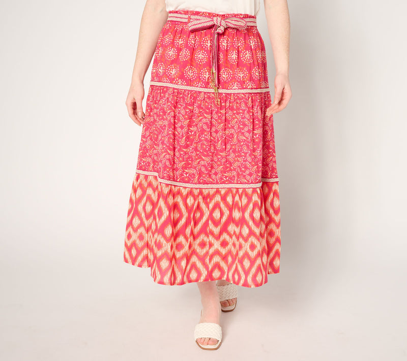 Susan Graver PURE Petite Printed Cotton Tiered Skirt with Belt — View 9