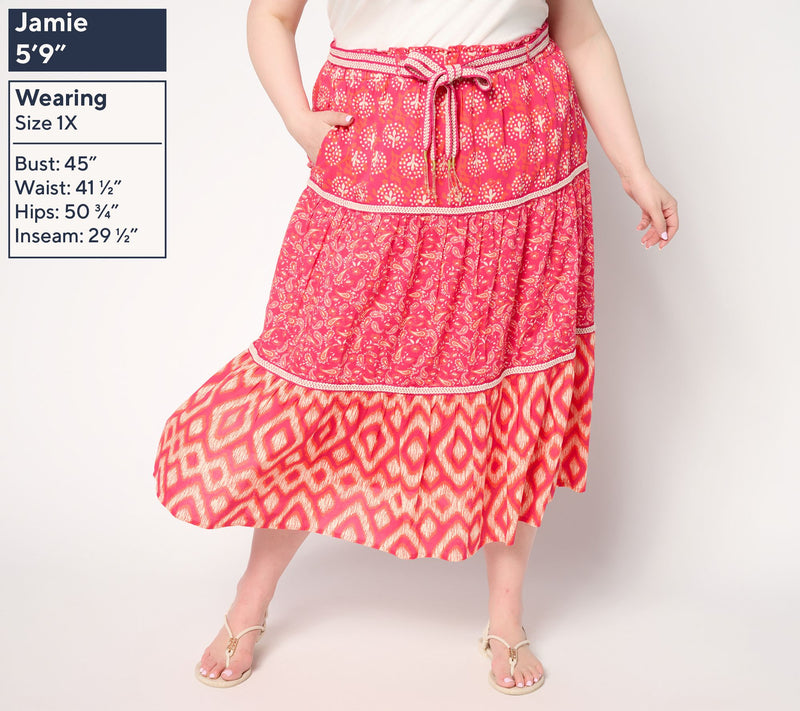 Susan Graver PURE Petite Printed Cotton Tiered Skirt with Belt — View 2