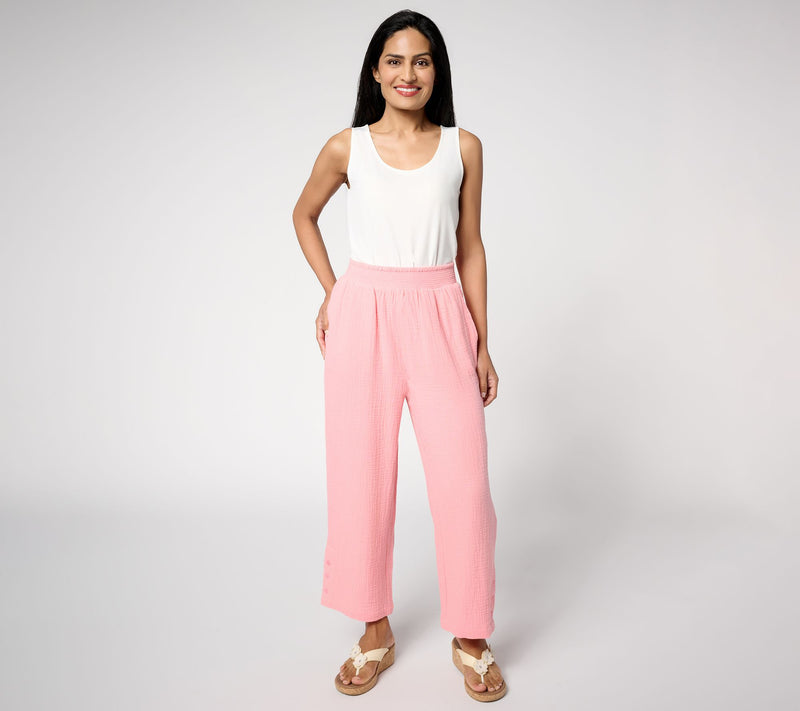 Susan Graver PURE Regular Getaway Gauze Wide Leg Crop Pants w/Buttons — View 5