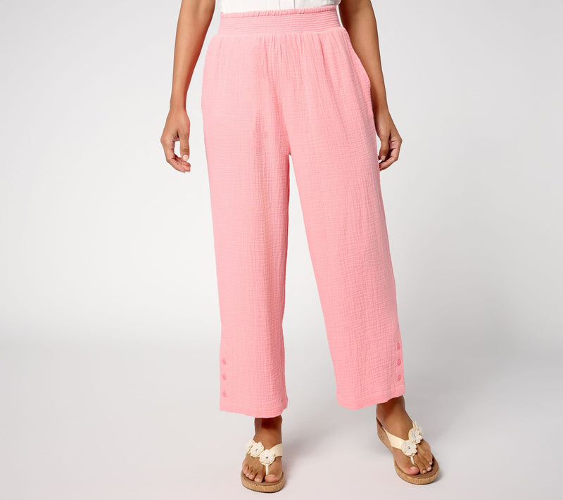 Susan Graver PURE Regular Getaway Gauze Wide Leg Crop Pants w/Buttons — Main view