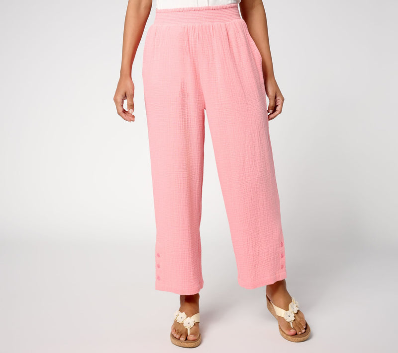 Susan Graver PURE Regular Getaway Gauze Wide Leg Crop Pants w/Buttons — View 12