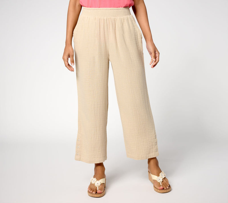 Susan Graver PURE Petite Getaway Gauze Wide Leg Crop Pants w/Buttons — View 14