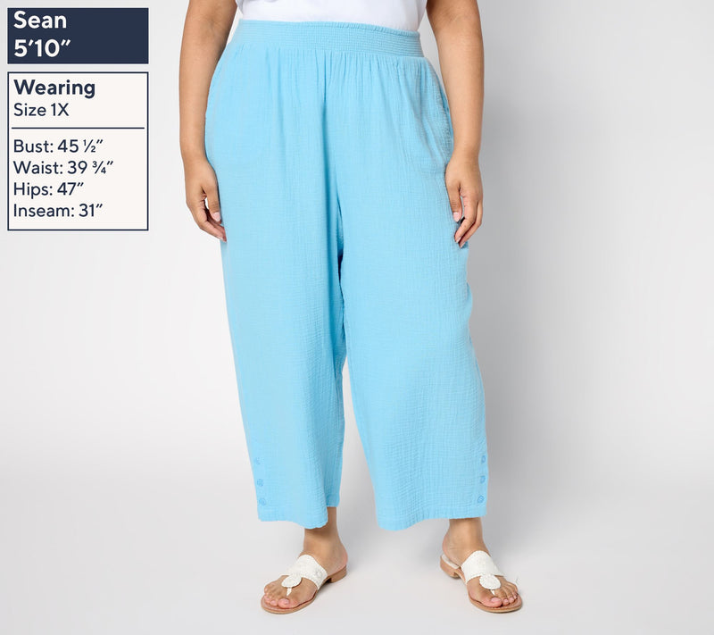 Susan Graver PURE Petite Getaway Gauze Wide Leg Crop Pants w/Buttons — View 2