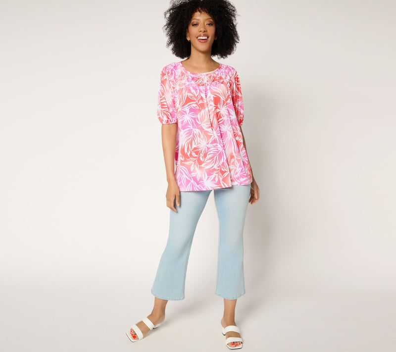 Susan Graver Printed Liquid Knit Blouson Sleeve Top with Smocking Detail — View 5