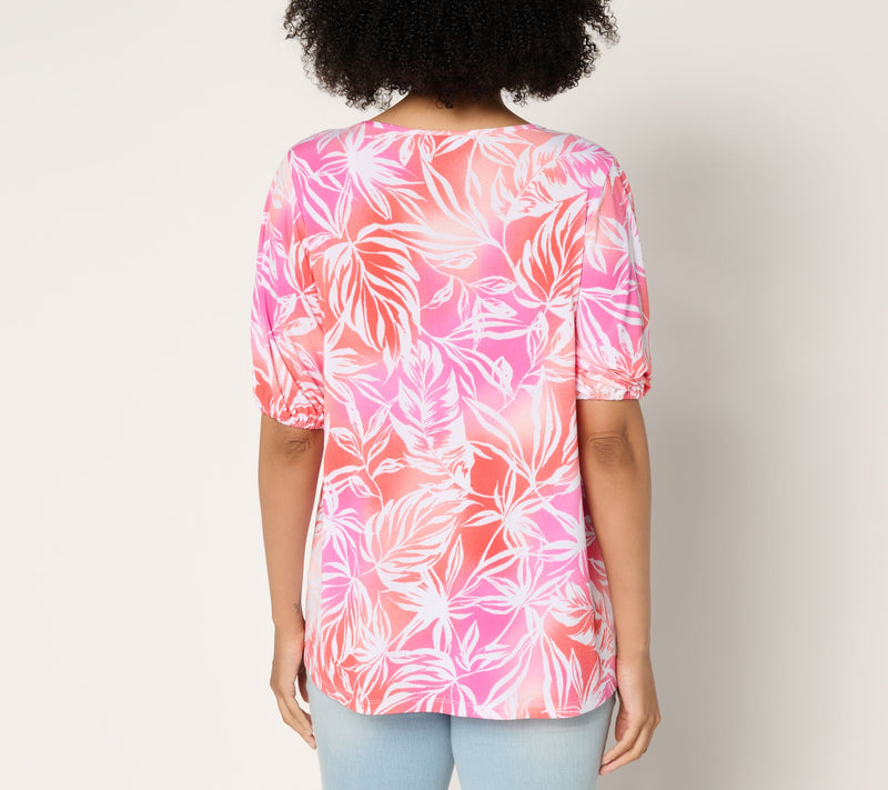 Susan Graver Printed Liquid Knit Blouson Sleeve Top with Smocking Detail — View 4