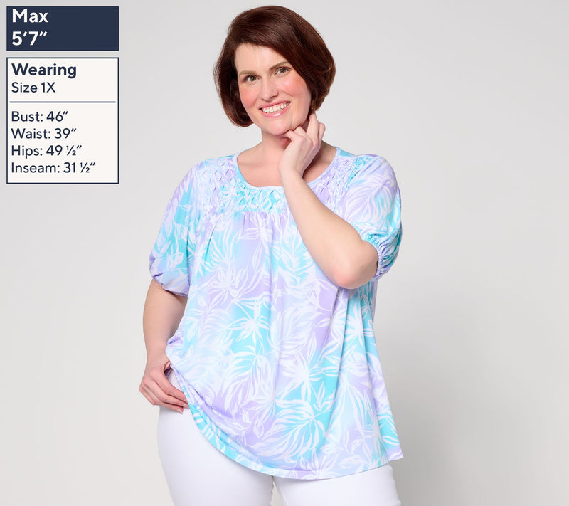 Susan Graver Printed Liquid Knit Blouson Sleeve Top with Smocking Detail — View 2