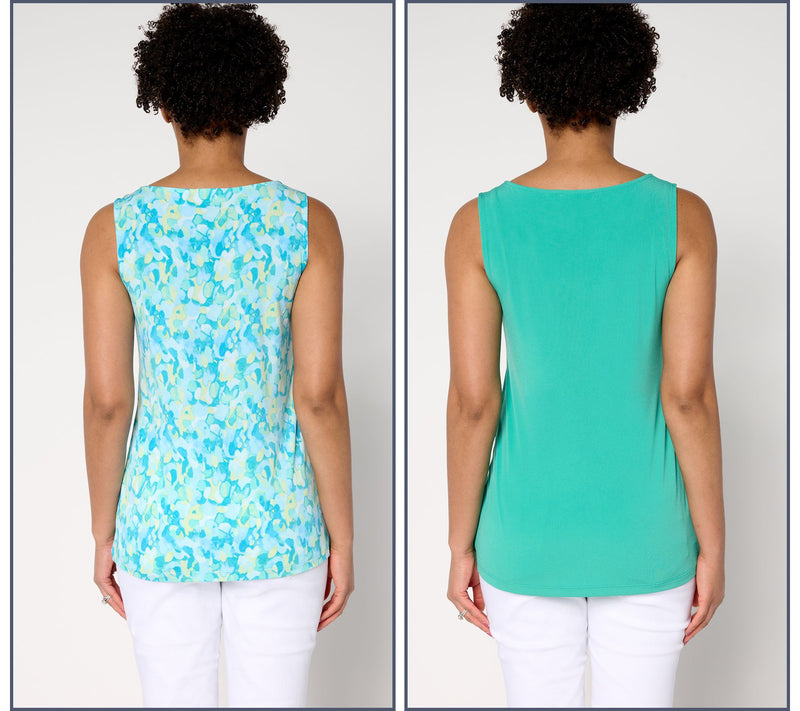 Susan Graver Set of Two Print & Solid Liquid Knit Sleeveless Tops — View 4