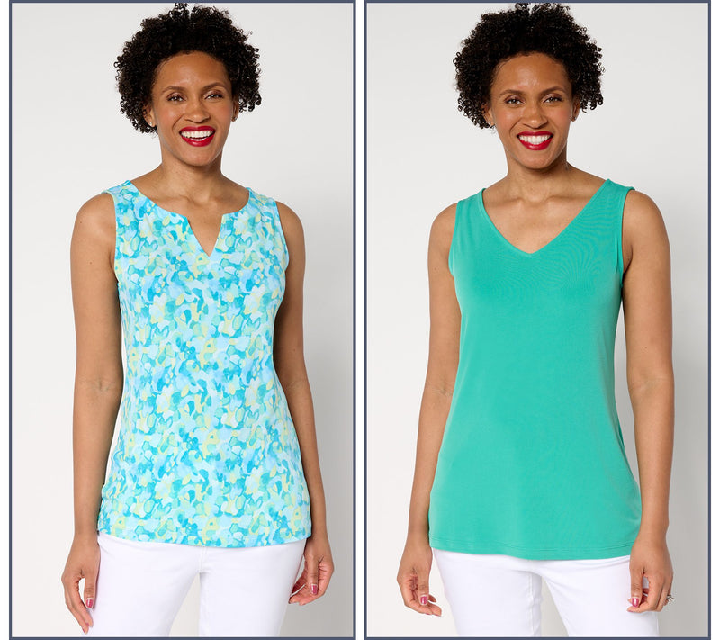 Susan Graver Set of Two Print & Solid Liquid Knit Sleeveless Tops — View 12