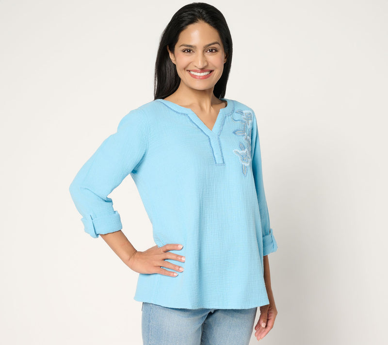 Susan Graver PURE Petite Getaway Gauze Embroidered Tunic — View 15