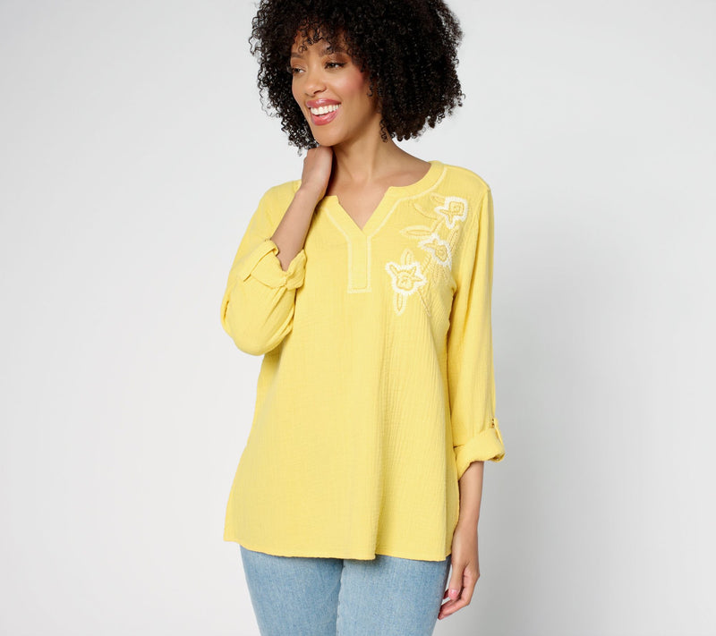 Susan Graver PURE Petite Getaway Gauze Embroidered Tunic — View 16