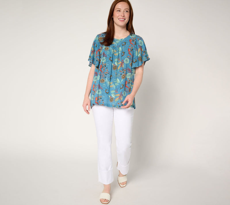 Susan Graver PURE Printed Crinkled Woven Flutter Sleeve Top — View 5