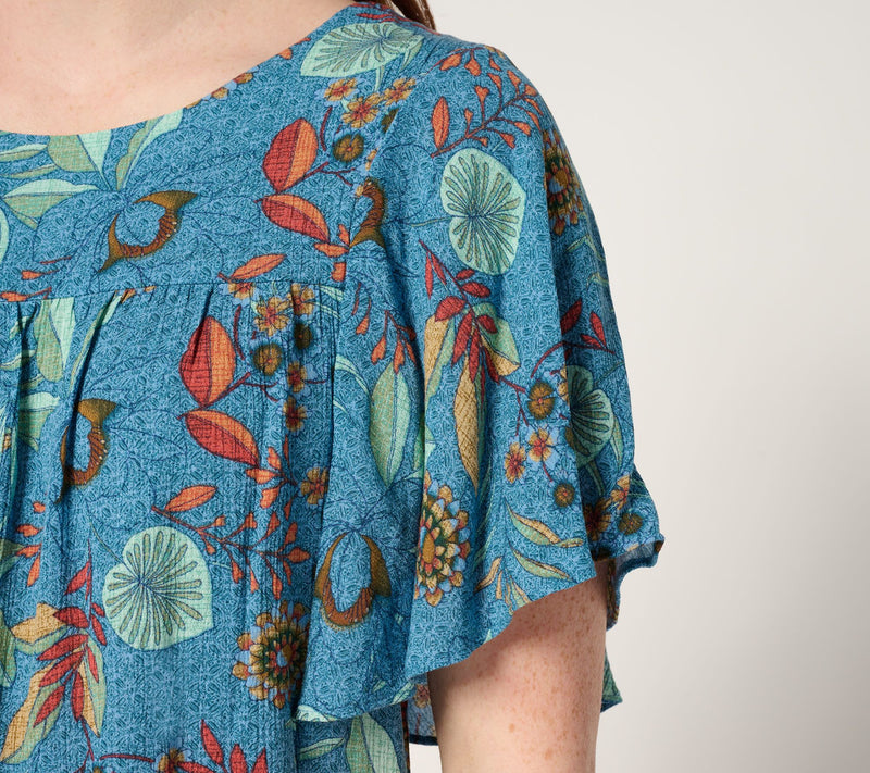 Susan Graver PURE Printed Crinkled Woven Flutter Sleeve Top — View 6