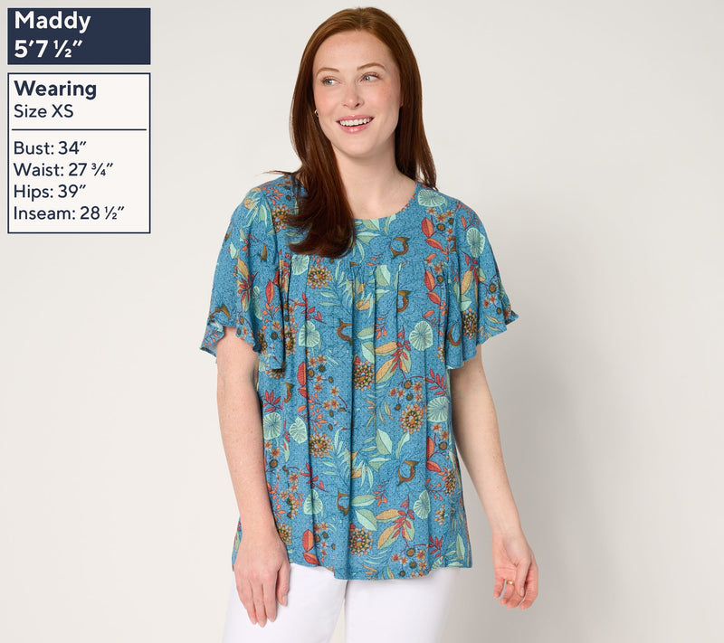 Susan Graver PURE Printed Crinkled Woven Flutter Sleeve Top — View 3