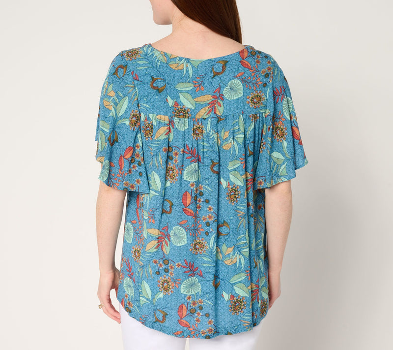 Susan Graver PURE Printed Crinkled Woven Flutter Sleeve Top — View 4