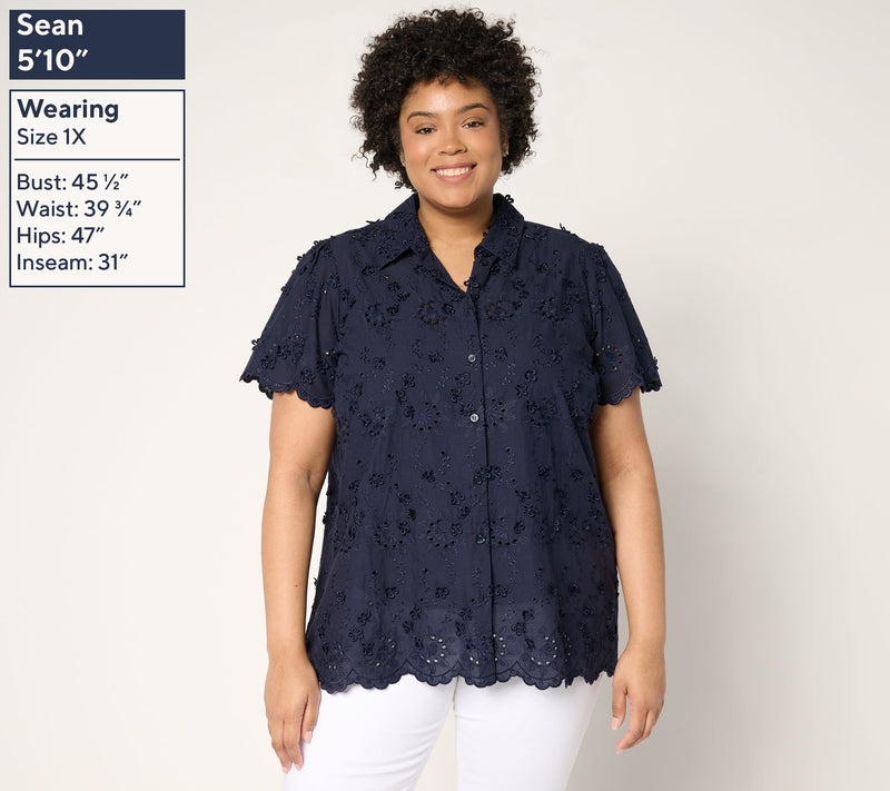 Susan Graver PURE Eyelet Applique Button Front Shirt — View 10