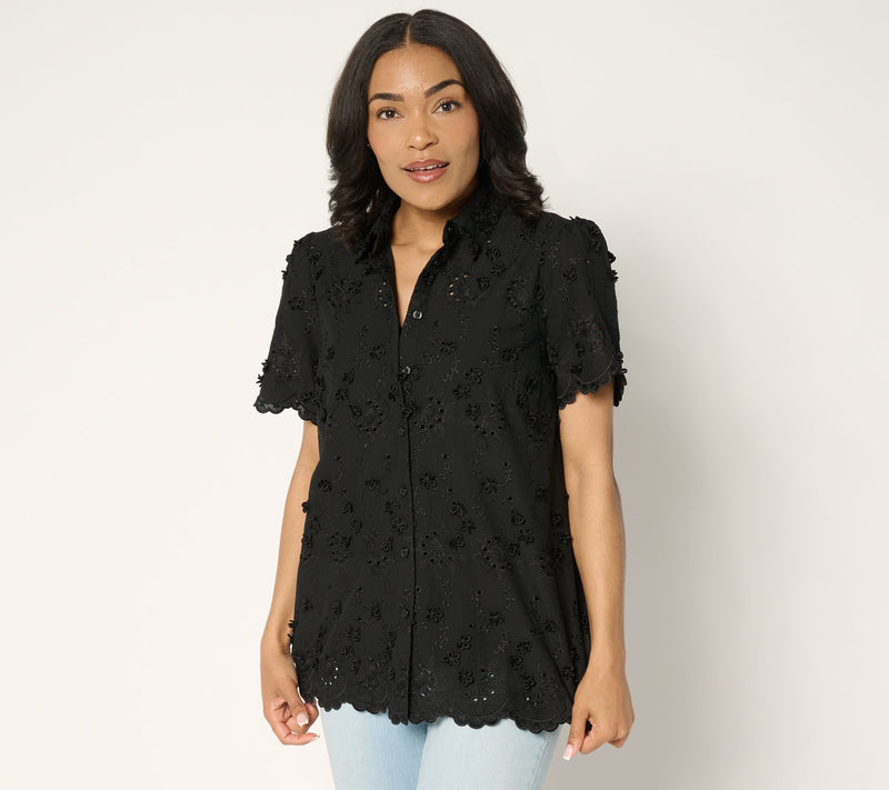 Susan Graver PURE Eyelet Applique Button Front Shirt — View 9