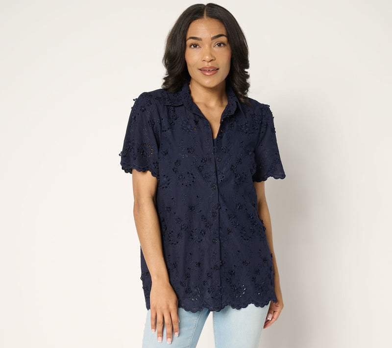Susan Graver PURE Eyelet Applique Button Front Shirt — View 7