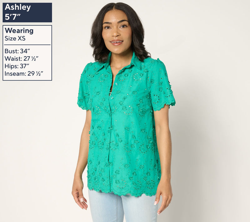 Susan Graver PURE Eyelet Applique Button Front Shirt — View 11