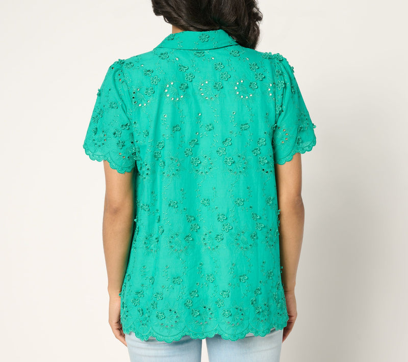 Susan Graver PURE Eyelet Applique Button Front Shirt — View 12
