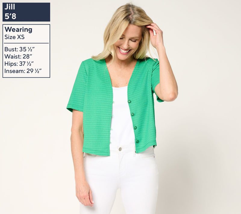 Susan Graver Textured Knit Button Front Short-Sleeve Shrug — View 3
