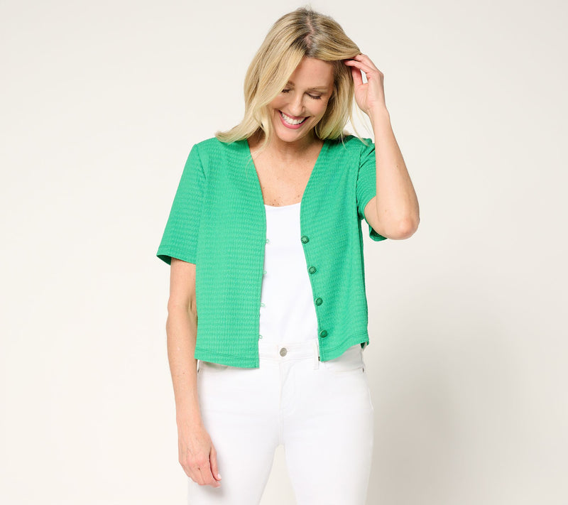 Susan Graver Textured Knit Button Front Short-Sleeve Shrug — Main view