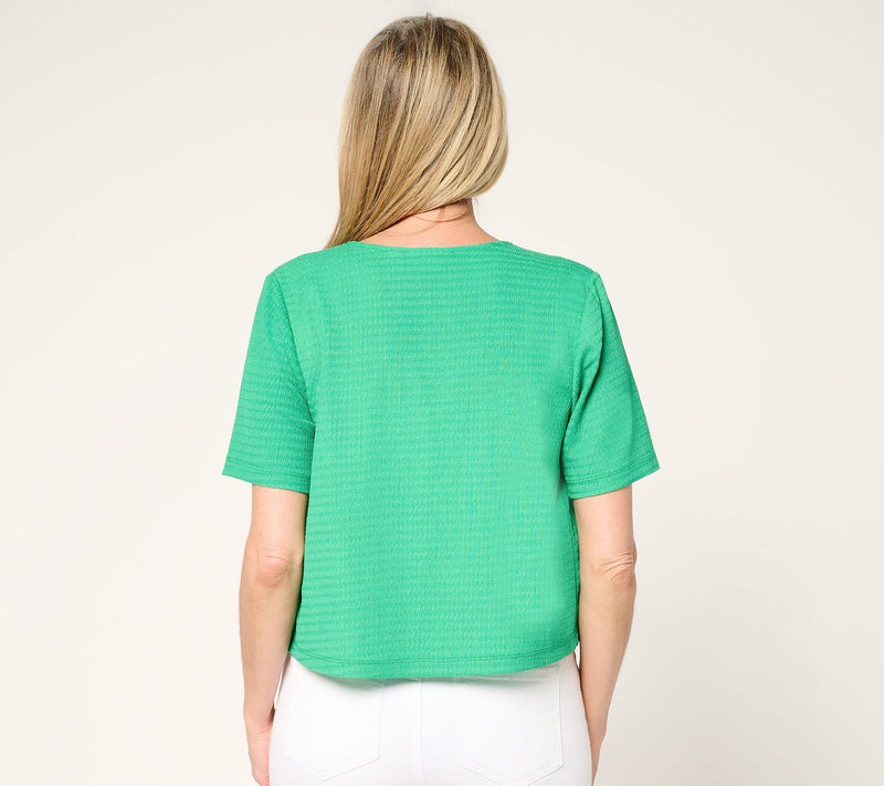 Susan Graver Textured Knit Button Front Short-Sleeve Shrug — View 4